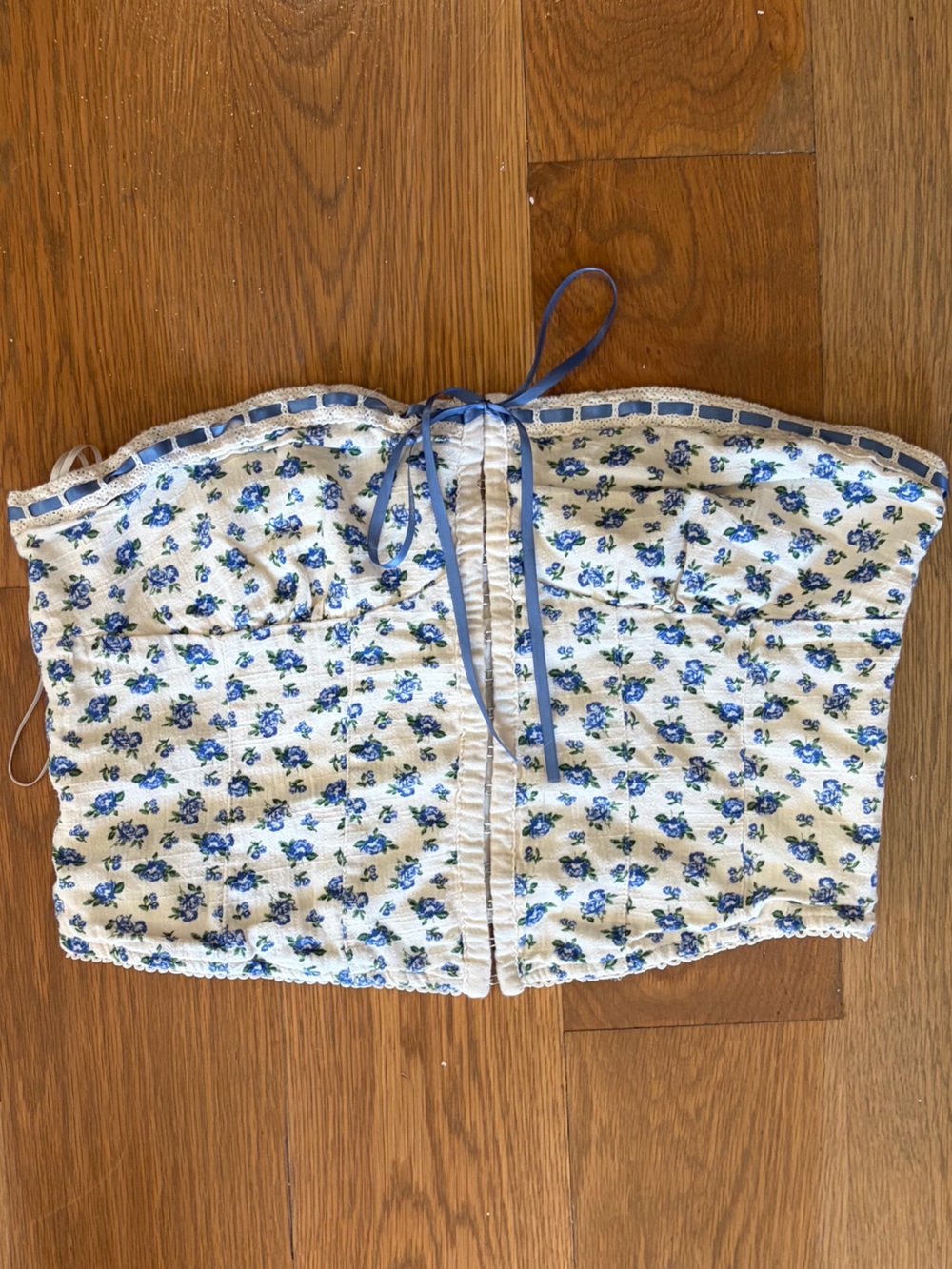 American Threads White Strapless Floral Crop Top with Blue Trim
